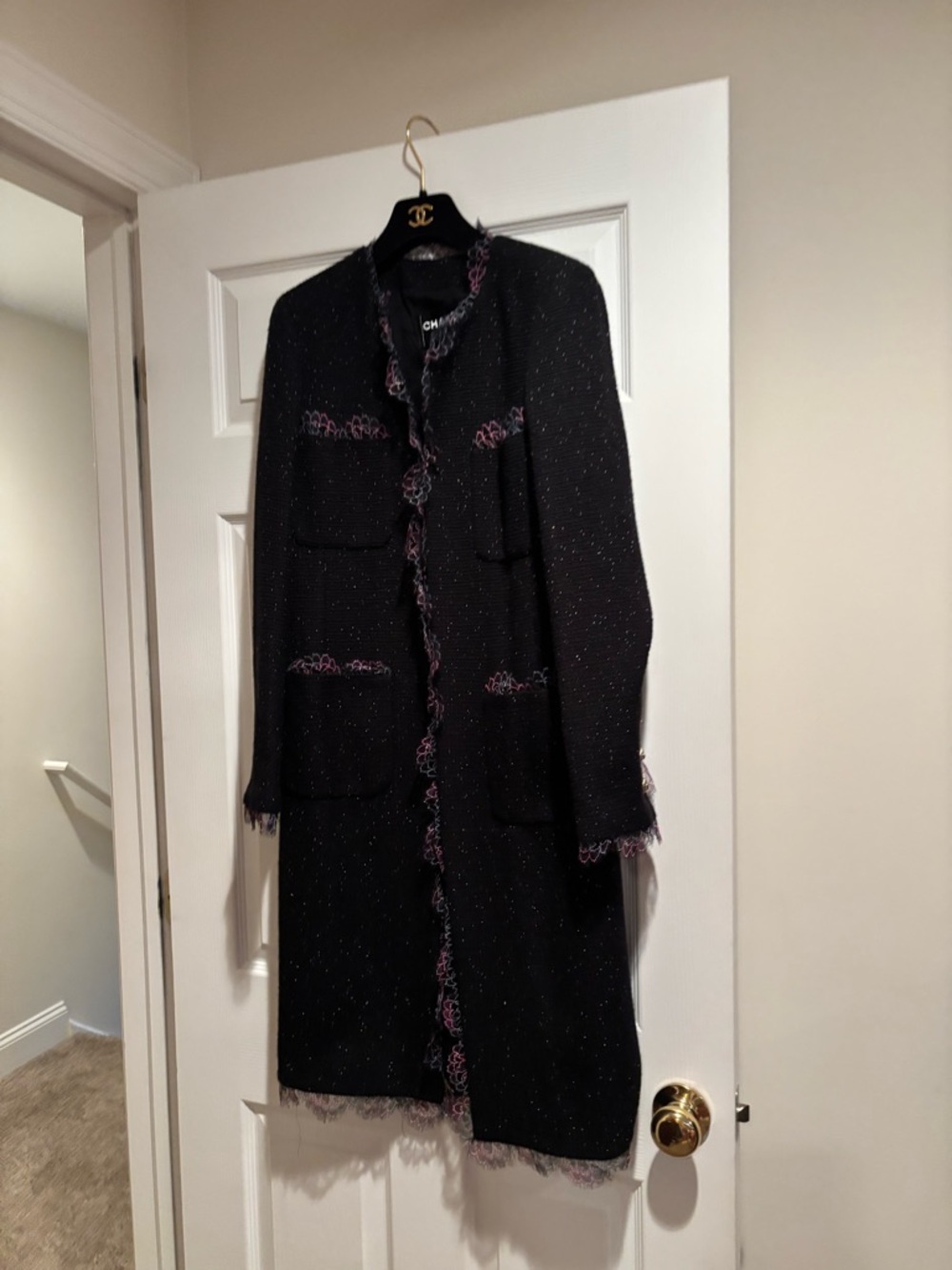 NWT Gorgeous CHANEL Black Tweed Coat with Glass Beads